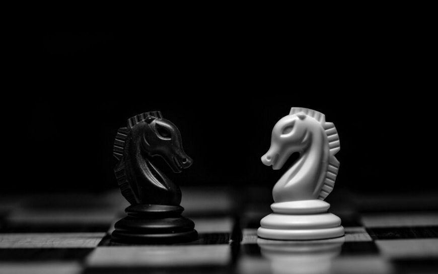 Black and white chess knights facing each other on a board