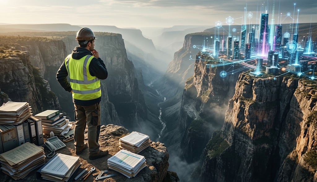 Engineer in a hard hat and hi-vis vest on a cliff edge beside stacks of paper files and spreadsheets, looking across a canyon at a glowing AI-connected city