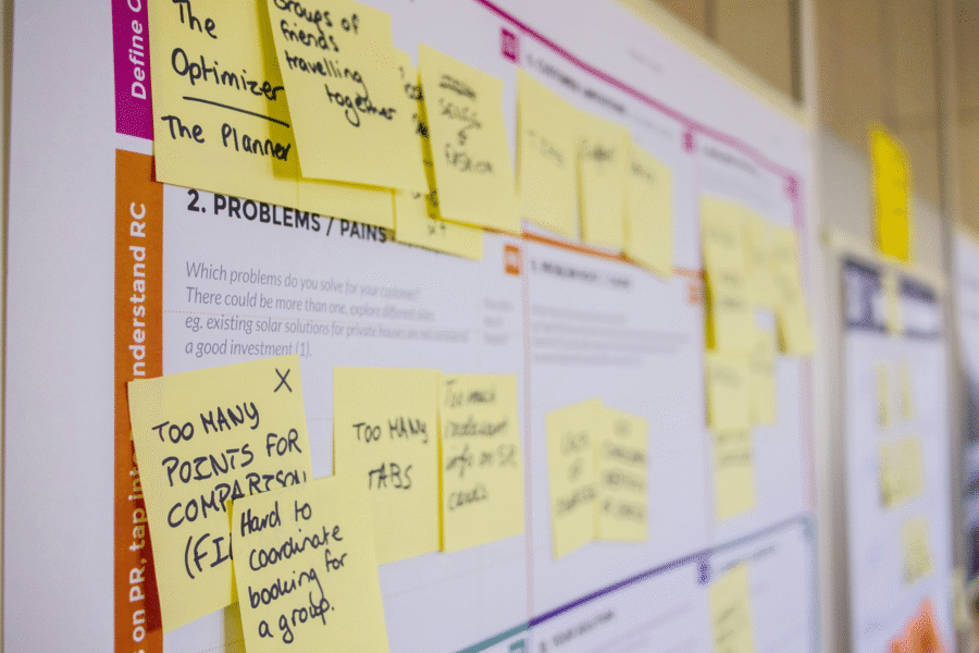 Planning wall covered in sticky notes listing customer problems and pains