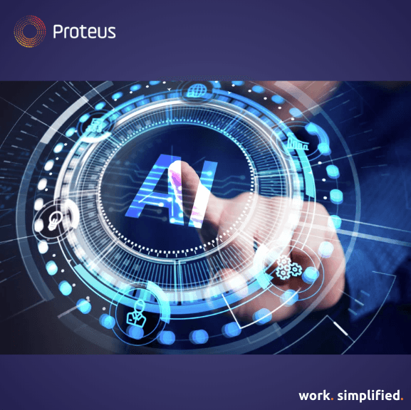Proteus graphic of a hand touching a glowing AI interface, with the tagline work. simplified.