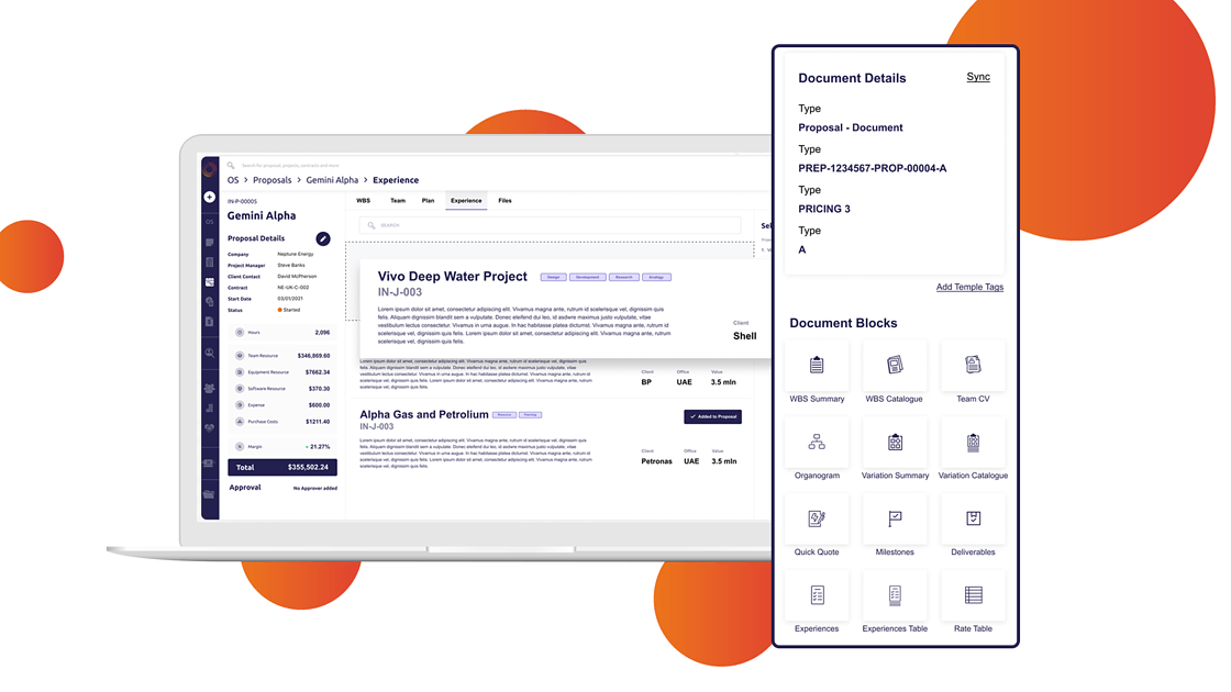 Proteus proposal with document details and document blocks used by the Microsoft Word add-in